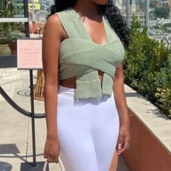 Wrap Knot Tie Back Knit Crop Top Sage Green - Picture 6 of 8